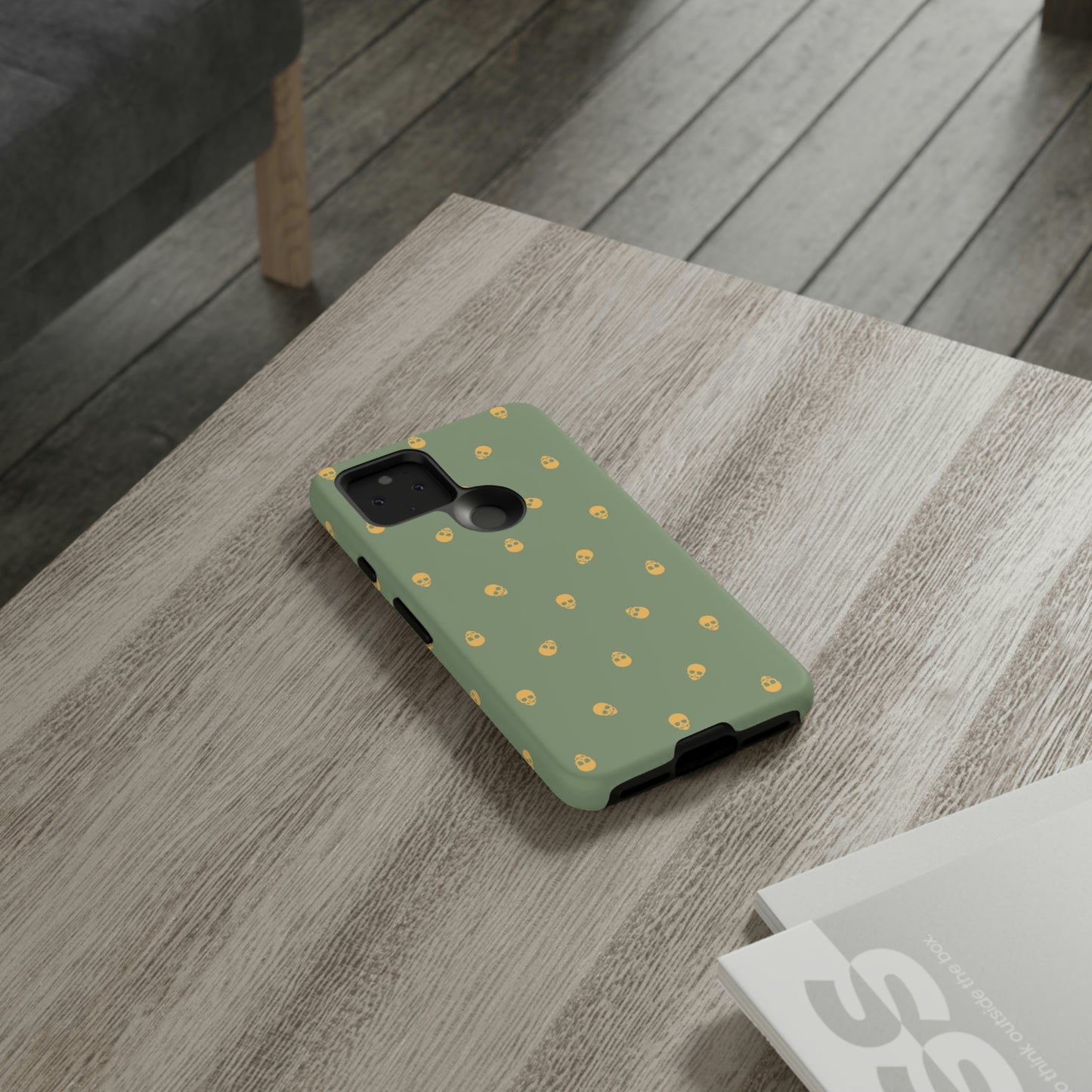 Tough Cases for Iphone, Samsung, Pixel - Sundial Skulls Pattern on Jade Green